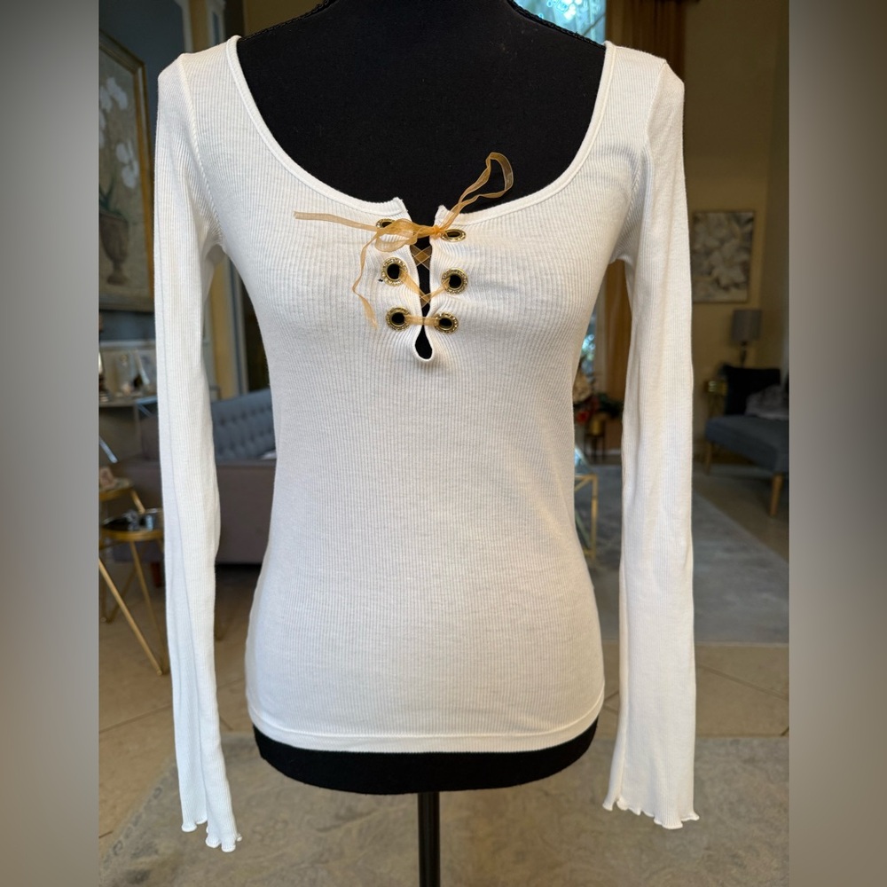 Grassroots Elegant White Lace-Up with gold rhinestones Women's Top size 1